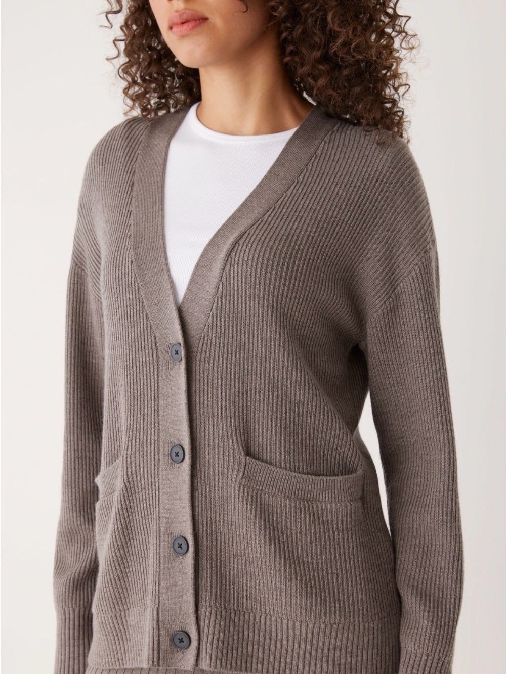 Frank & Oak Merino Wool Taupe Ribbed V-Neck Cardigan Sweater